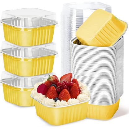 30Pack 5Oz Pink Mini Cake Pans with Lids Baking Cups Aluminum Foil Pans Tins Individual Dessert Cups Containers for Sales Party Picnics