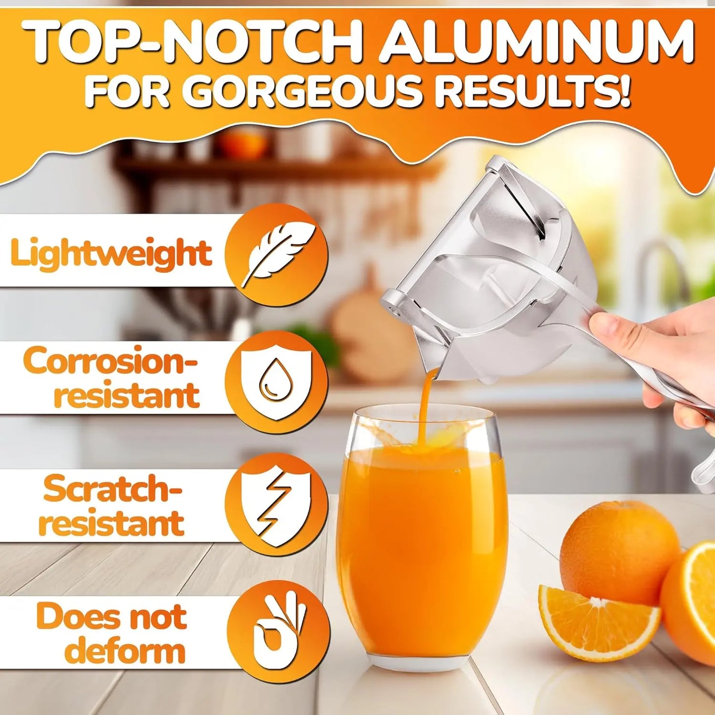 Fruit Juice Squeezer Handheld Aluminum Alloy Manual Juicer Hand Press, Non-Slip Ergonomic Handle, Easy to Use & Clean, 0.36 L Capacity Great Bar Juicer for Citrus, Pomegranate, and Other Fruits