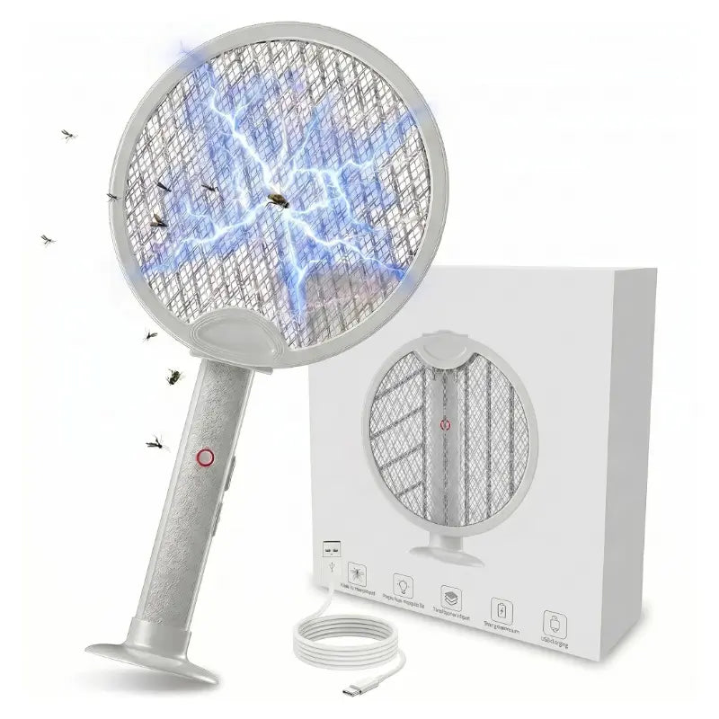 Portable Electric Fly Swatter Foldable Bug Zapper Racket, 2 in 1 Mosquito Killer for Gnats, Mosquitoes & More, Purple Attractant Light, USB Rechargeable with Standing Base & Charging Cable, 3-Layer Safety Mesh for Indoor, Backyard, Camping Tiktokshopsprin