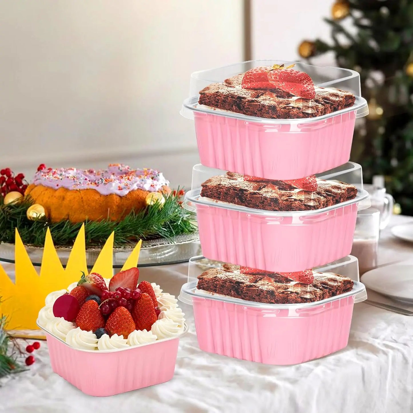 30Pack 5Oz Pink Mini Cake Pans with Lids Baking Cups Aluminum Foil Pans Tins Individual Dessert Cups Containers for Sales Party Picnics