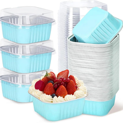 30Pack 5Oz Pink Mini Cake Pans with Lids Baking Cups Aluminum Foil Pans Tins Individual Dessert Cups Containers for Sales Party Picnics