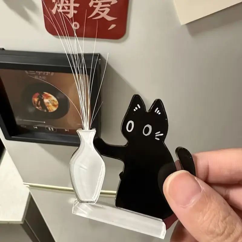1Pc Cat Whisker Hair Collection, Black Cat Vase Fridge Magnet, Kitten Pushing Bottle Acrylic Magnetic Fridge Magnet, Cat Keepsake, Vase for Flower Arrangement, Multi-Purpose, Fun and Playful Small Gift for Classmates, Home Decor