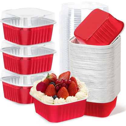 30Pack 5Oz Pink Mini Cake Pans with Lids Baking Cups Aluminum Foil Pans Tins Individual Dessert Cups Containers for Sales Party Picnics